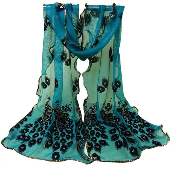 🌸TEAL PEACOCK EMBROIDERED SCARF VELVET WRAP BOHO TURQUOISE LONG MULTIPURPOSE - Picture 7 of 7